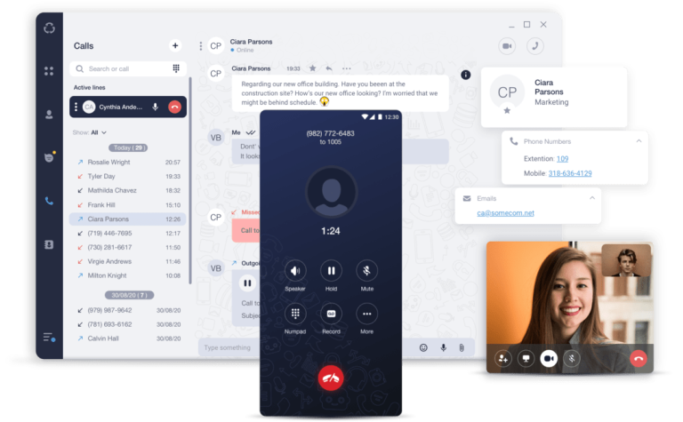 Image of Voice & Collaboration services on desktop, cellphone that shows video conferencing and application interface