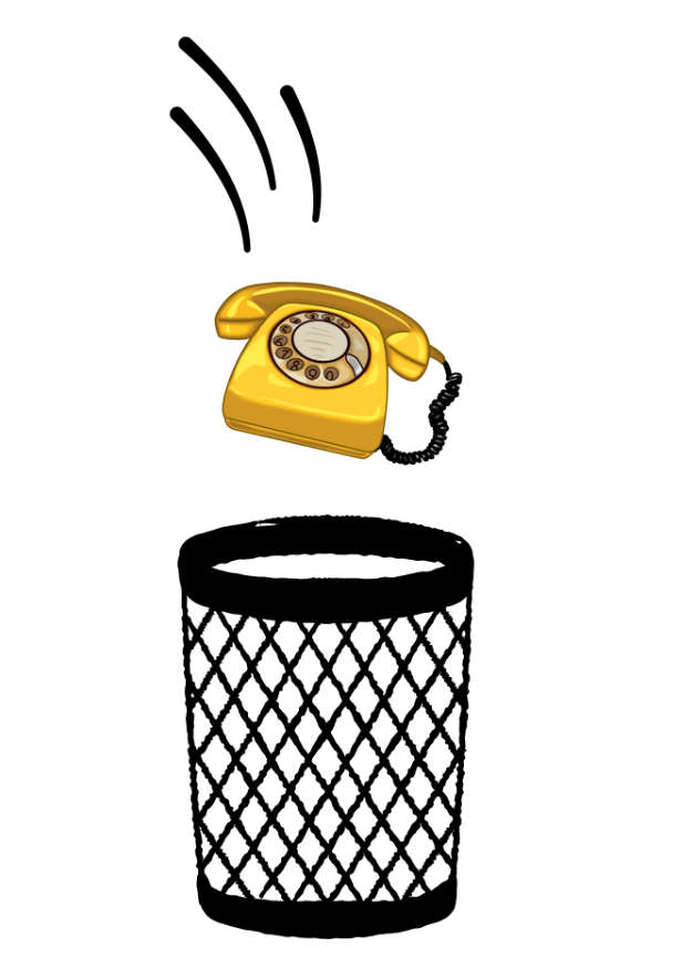 Graphic showing a traditional phone being tossed into the garbage and being upgraded to a Clear Convers Business Phone